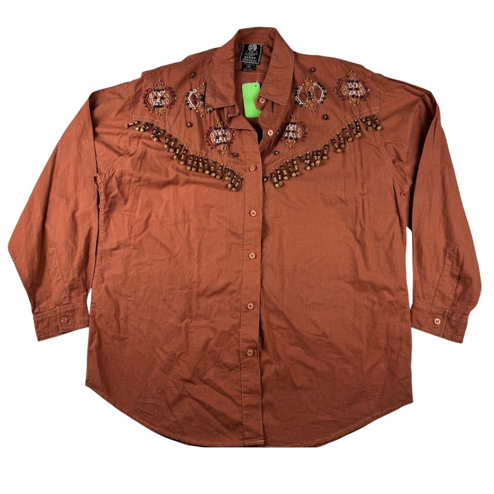 Vintage 90s Short Circuit Embroidered Beaded Western Shirt Brown Boho Medium NWT